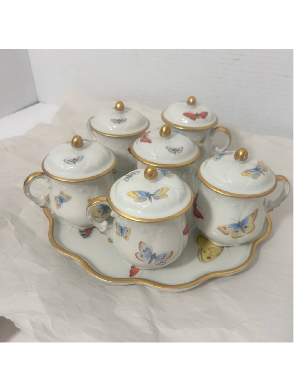 Limoges France Butterfly Porcelain Pots de Creme with Tray